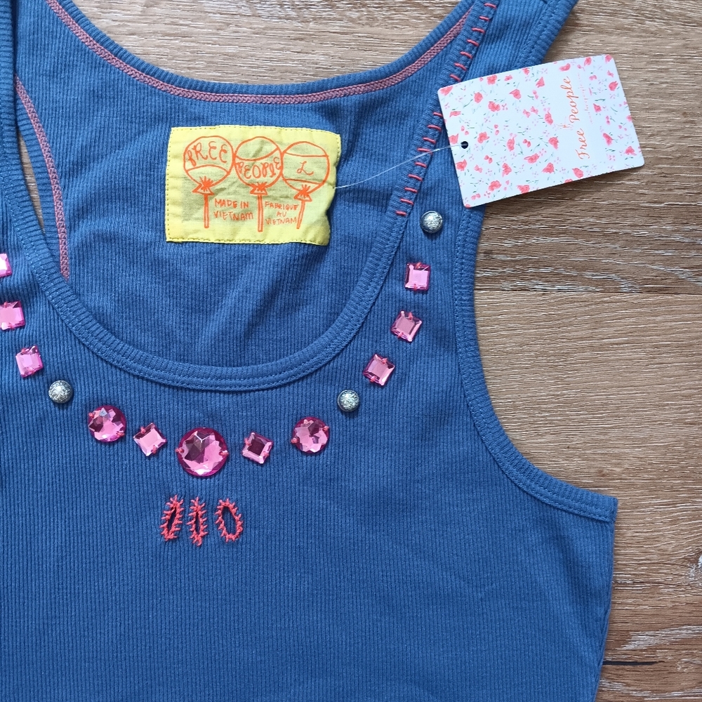 NEW Free People Ribbed Rhinestone Tank Top Size Large - Picture 2 of 5